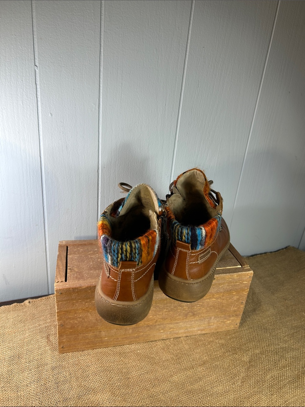 Josef Seibel Brown Leather Ankle Boots with Multicolor Knit Cuffs - Picture 7 of 10